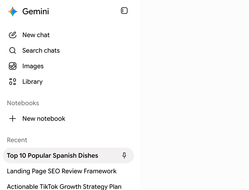 No Gemini folders in the native sidebar: a Notebooks section, a pinned chat and the Recent list, but nothing that groups your conversations