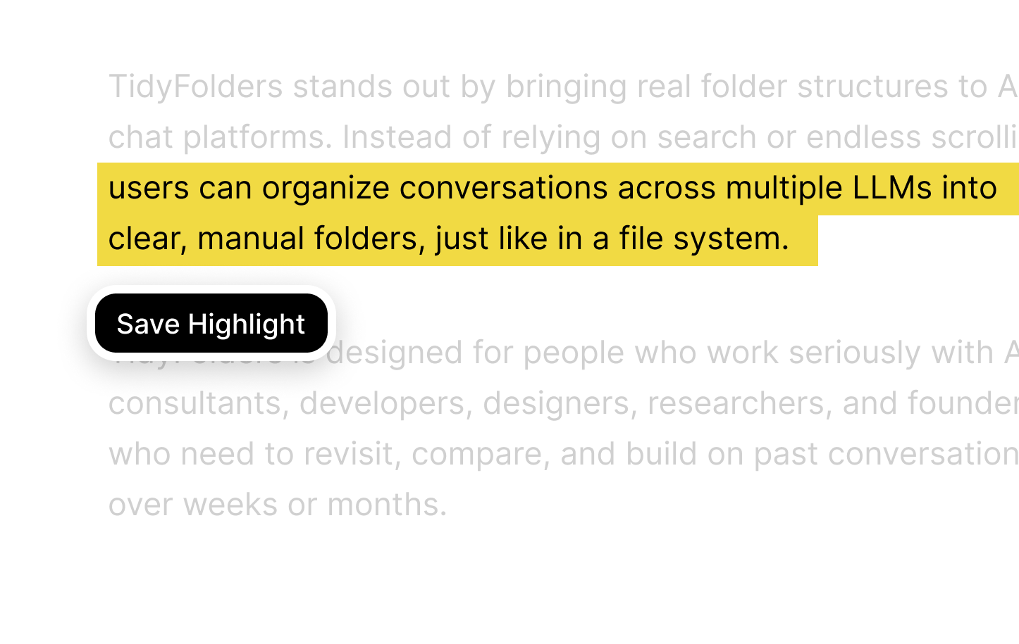 Text highlighting in Tidy, the Gemini folders extension: the decisive passage of an answer marked in yellow with the Save Highlight button below